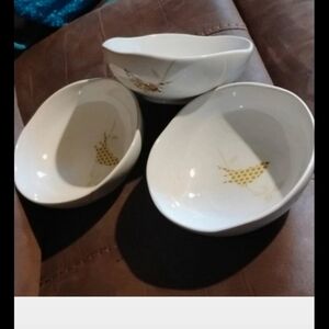 222 Fifth pts international chintz bird Set Three White Bowls Gold Accents